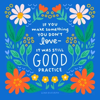Floral illustration with quote about love and practice on blue background.