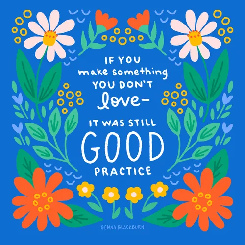 Floral illustration with quote about love and practice on blue background.