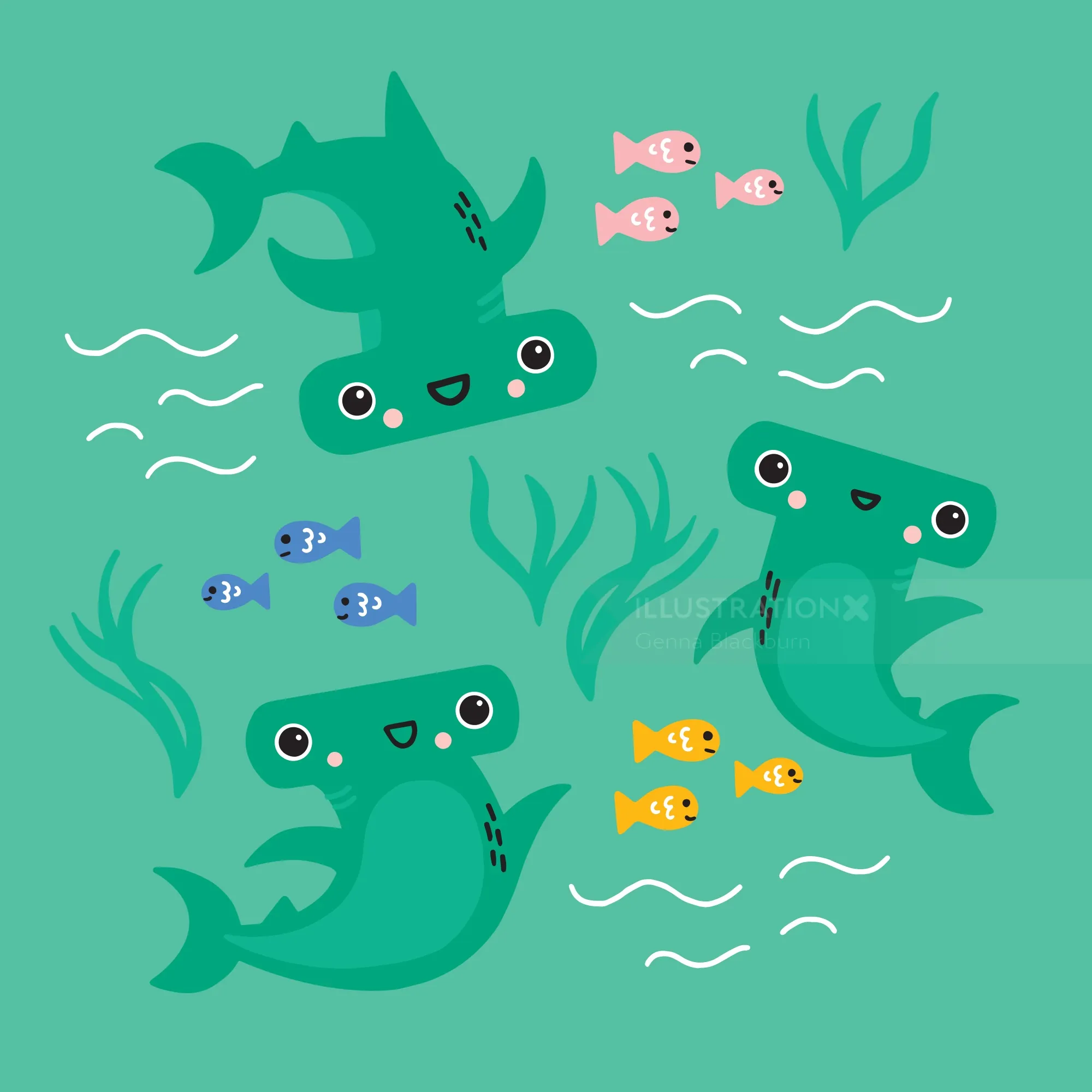 Tres felices tiburones martillo nadando entre pequeños peces de colores