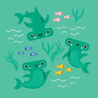 Three happy hammerhead sharks swimming among colorful small fish