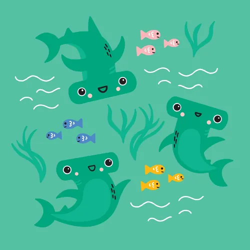 Three happy hammerhead sharks swimming among colorful small fish