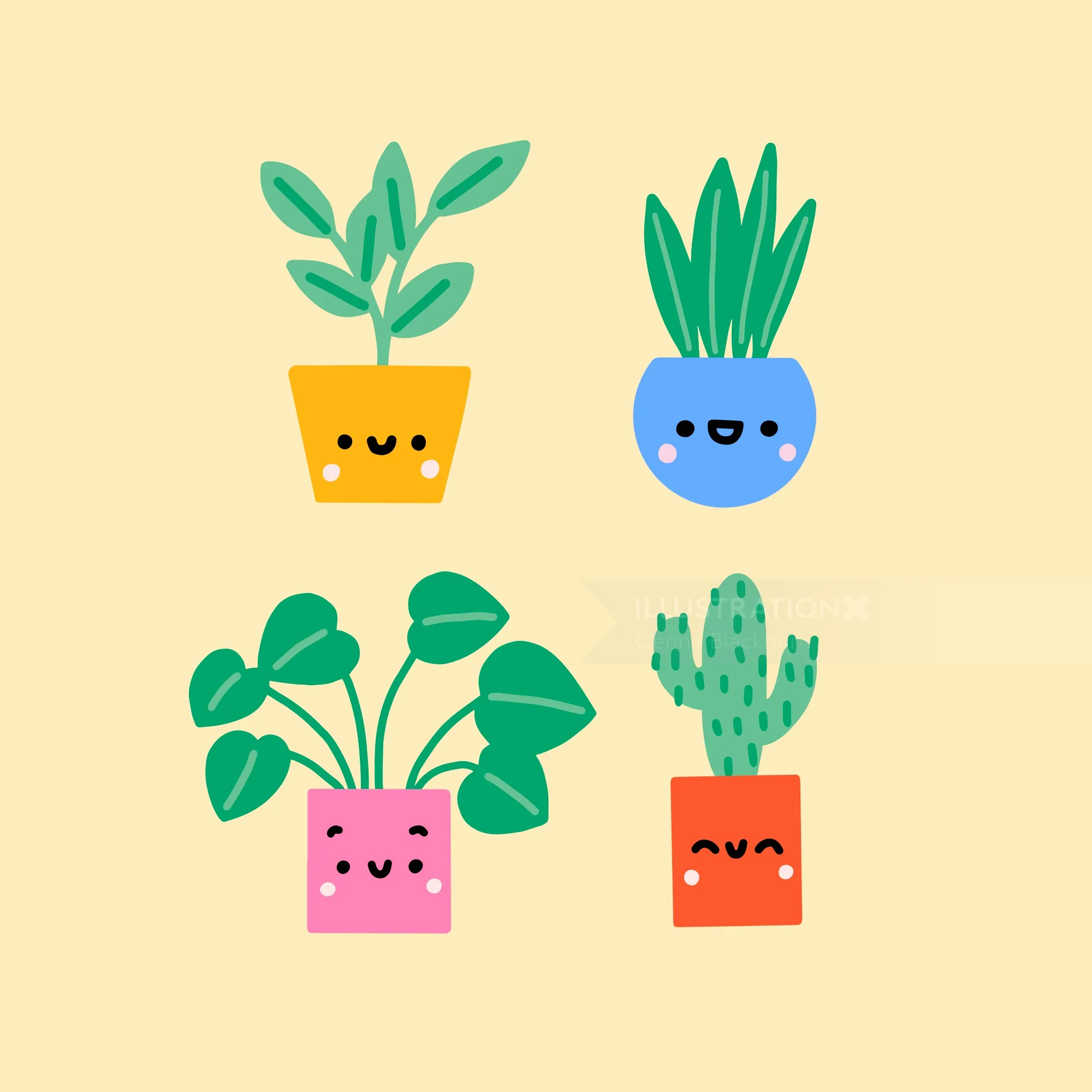Cuatro plantas en macetas de dibujos animados sonrientes con hojas verdes en macetas de colores