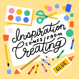 Art supplies and handwritten quote 'Inspiration comes from creating'
