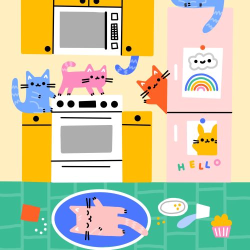 Illustration of playful cats in a colorful kitchen with oven and fridge
