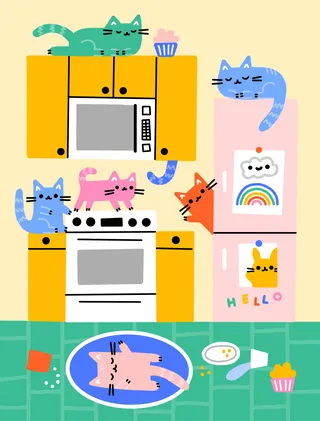 Illustration of playful cats in a colorful kitchen with oven and fridge