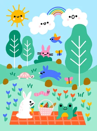 Cartoon animals picnic with sun, clouds, rainbow, trees, and flowers
