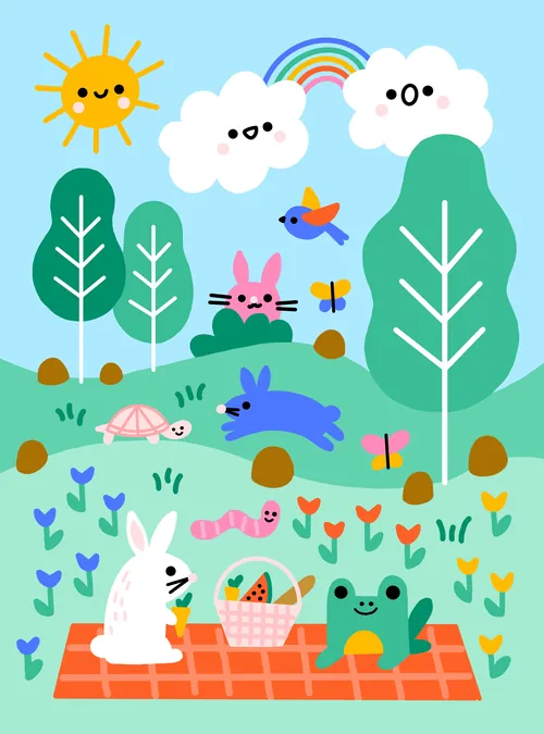 Cartoon animals picnic with sun, clouds, rainbow, trees, and flowers