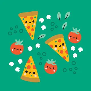 Smiling pizza slices, tomatoes, and mushrooms cartoon illustration