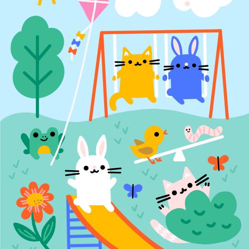 Illustration of animals on playground with sun, clouds, rainbow, and kite