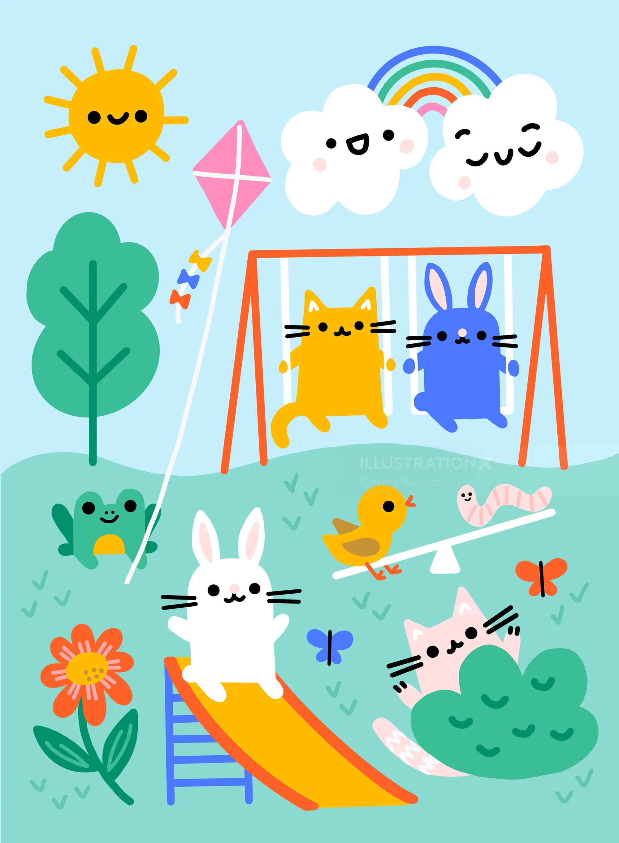 Illustration of animals on playground with sun, clouds, rainbow, and kite