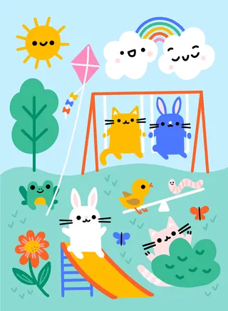 Illustration of animals on playground with sun, clouds, rainbow, and kite