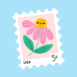 USA 5 cent stamp with smiling pink flower and green leaves