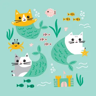 Cartoon mermaid cats underwater with fish, crab, and castle illustration