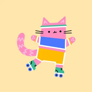 Pink cat wearing sports outfit and headband roller skating on yellow background