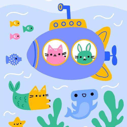 Cartoon submarine with cat and rabbit underwater with sea creatures