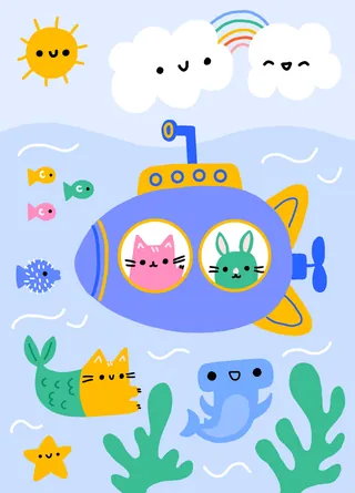 Cartoon submarine with cat and rabbit underwater with sea creatures