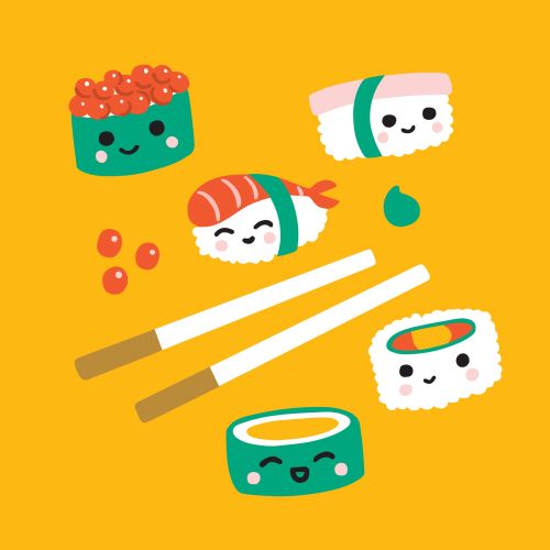Smiling kawaii sushi pieces and chopsticks on orange background