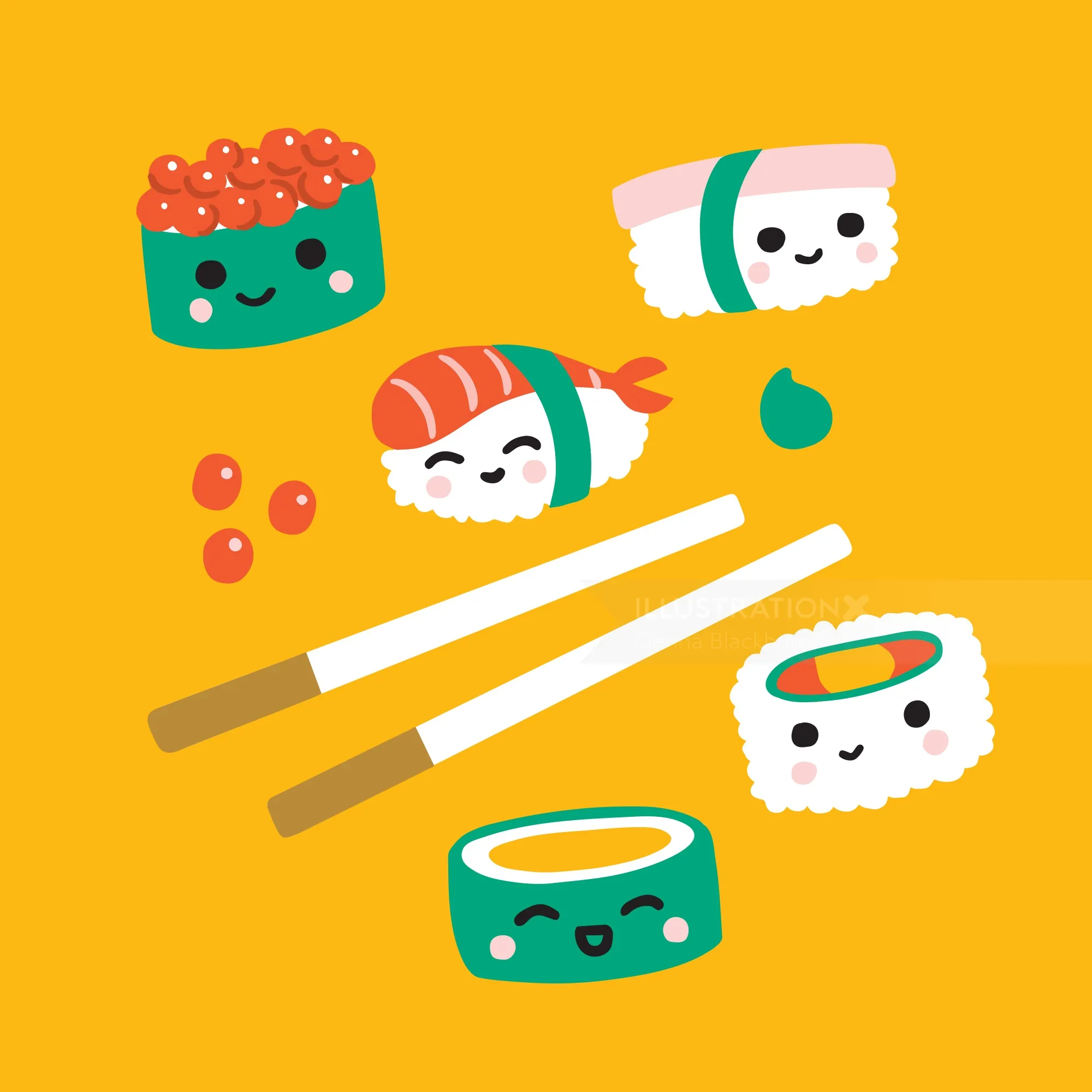 Smiling kawaii sushi pieces and chopsticks on orange background