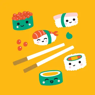 Smiling kawaii sushi pieces and chopsticks on orange background