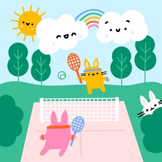 Cartoon animals playing tennis under smiling clouds and sun