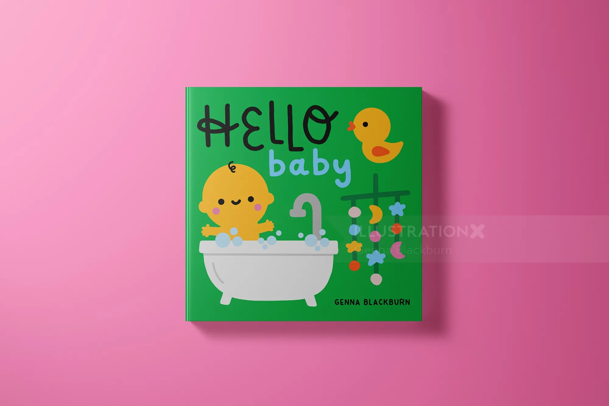 Illustration eines Entenkükens in der Badewanne mit Spielzeug auf grünem Hintergrund