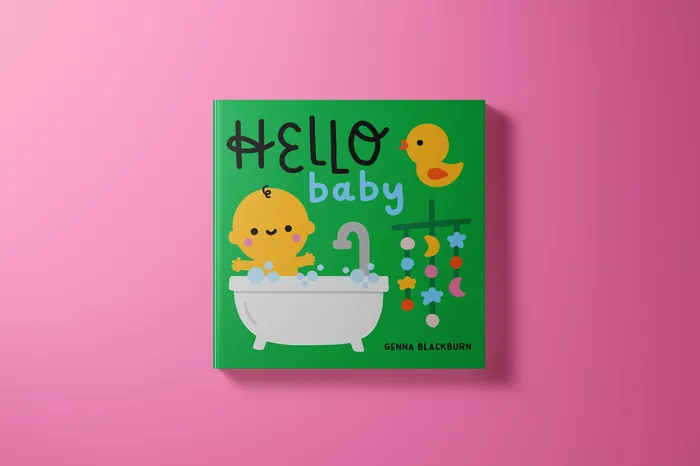 Illustration of baby duck in bathtub with toys on green background