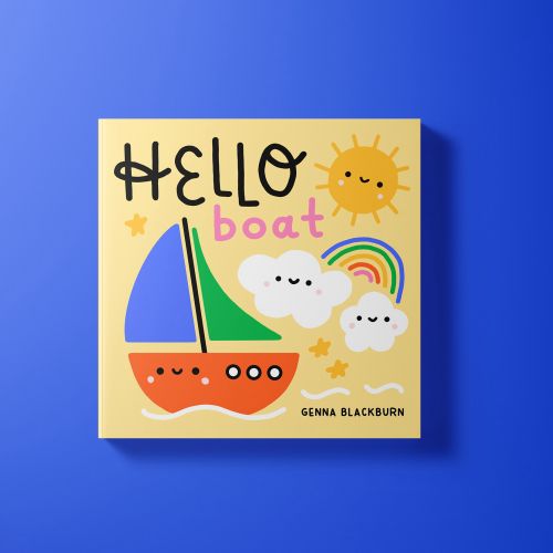 Children's book cover featuring a boat, sun, clouds, and rainbow