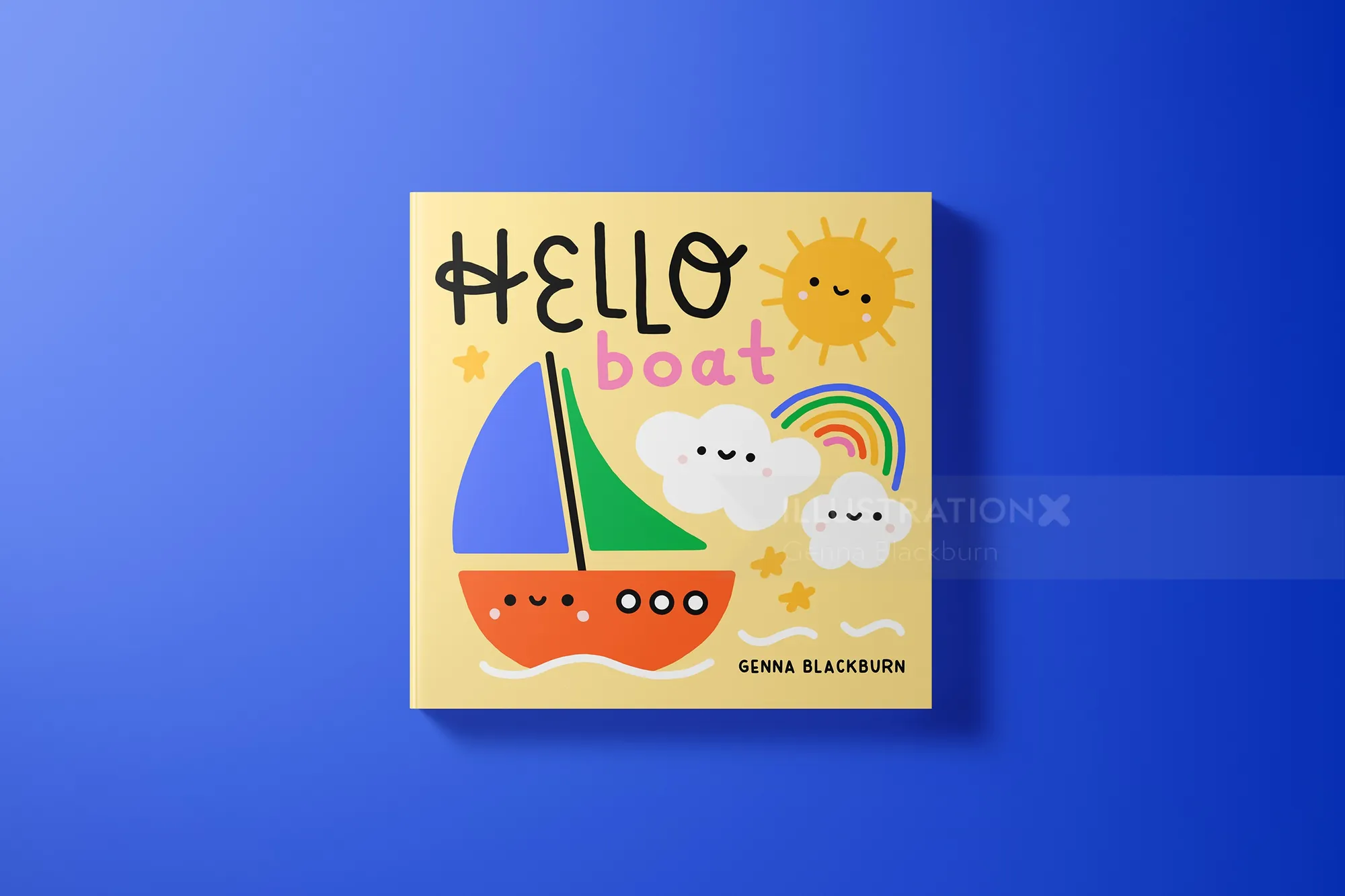 Cover eines Kinderbuchs mit einem Boot, Sonne, Wolken und Regenbogen