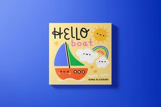 Children's book cover featuring a boat, sun, clouds, and rainbow