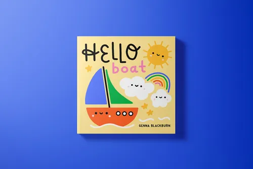 Children's book cover featuring a boat, sun, clouds, and rainbow