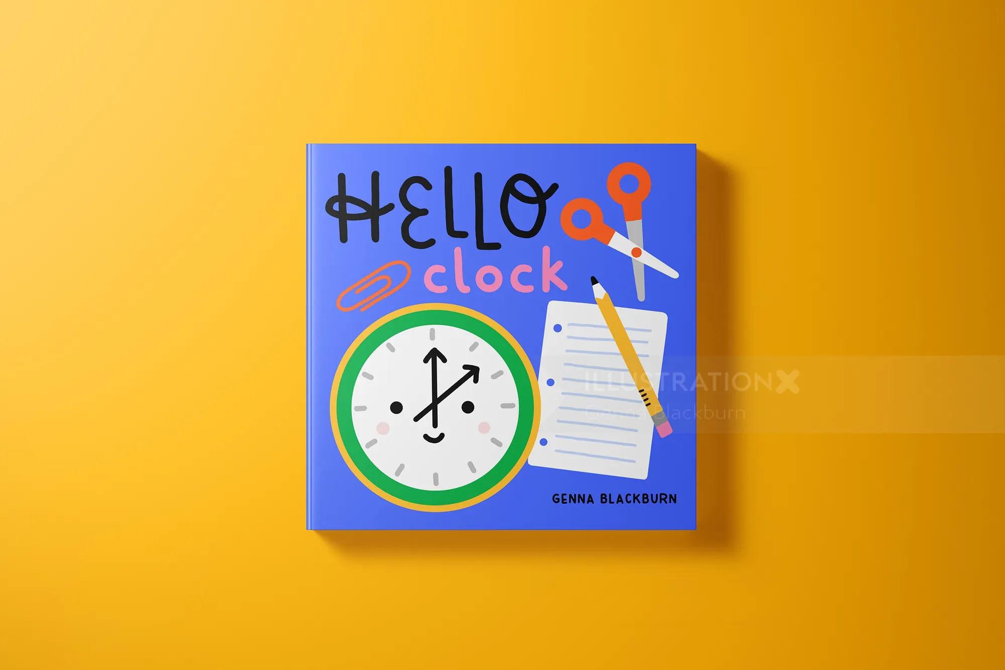 Buchcover von „Hello Clock“ mit Uhr, Schere und Bleistift auf blauem Hintergrund