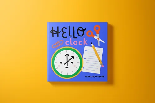 Hello Clock book cover with clock, scissors, and pencil on blue background