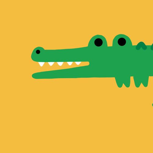Cartoon green crocodile with open mouth on yellow background