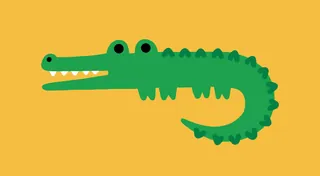 Cartoon green crocodile with open mouth on yellow background