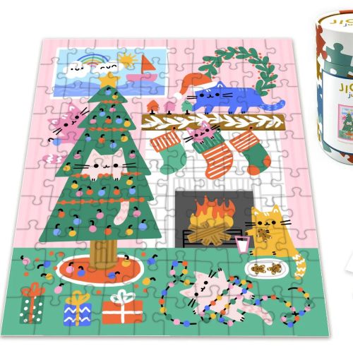 Christmas jigsaw puzzle with tree, stockings, gifts, and fireplace