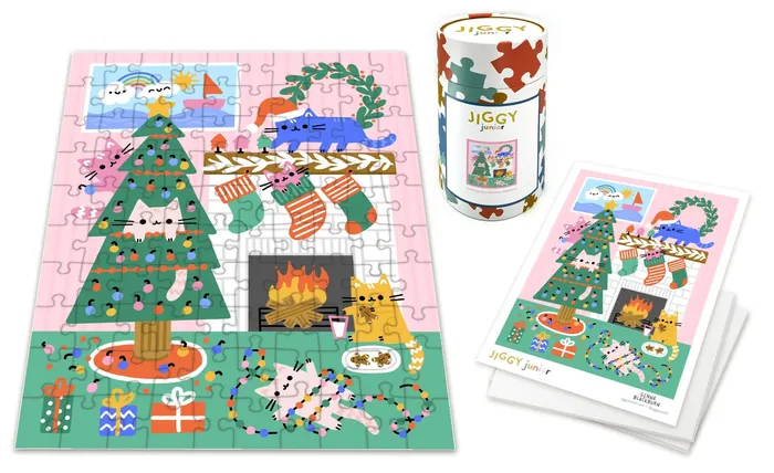 Christmas jigsaw puzzle with tree, stockings, gifts, and fireplace