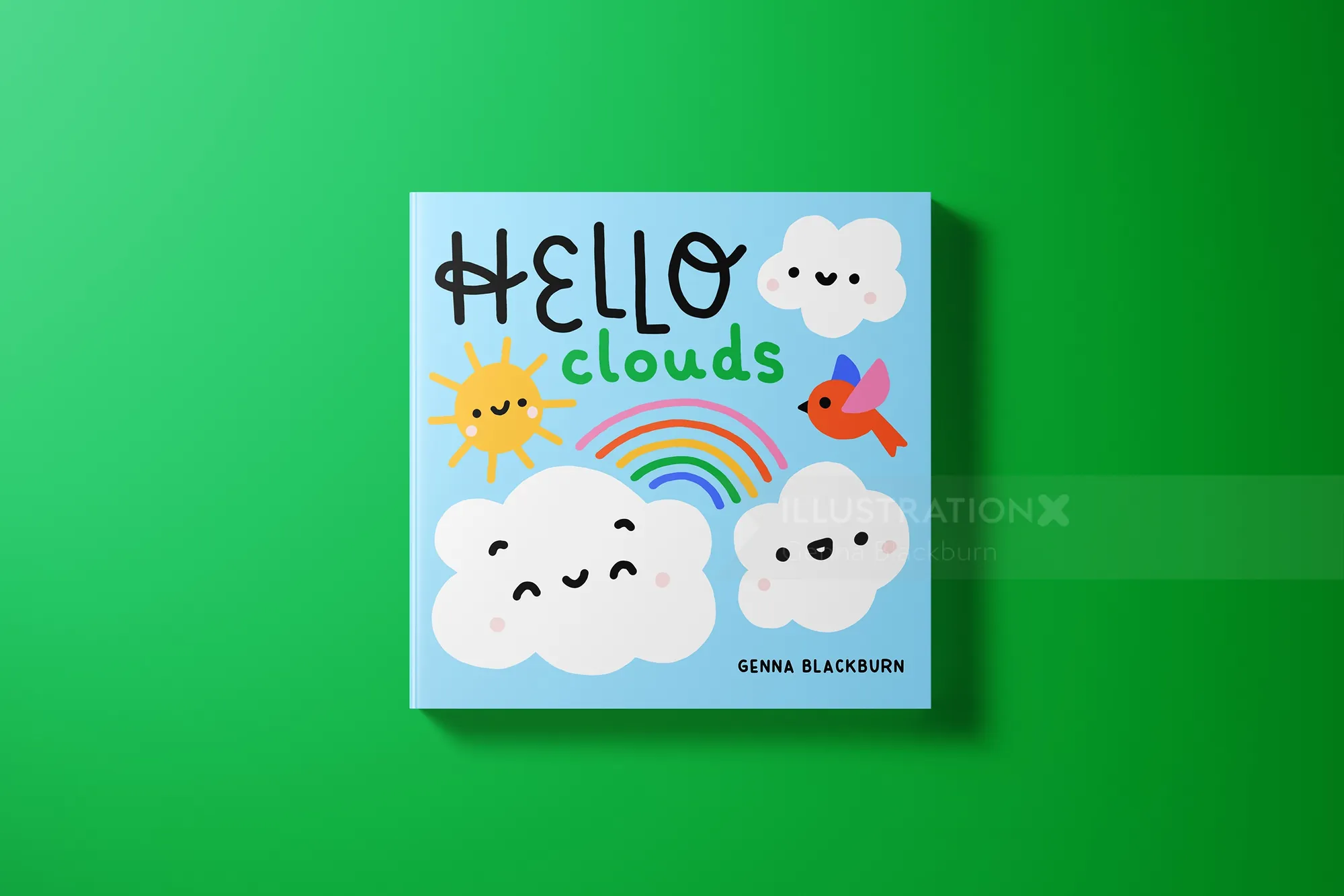 Kinderbuchumschlag mit lächelnden Wolken, Sonne, Regenbogen und rotem Vogel