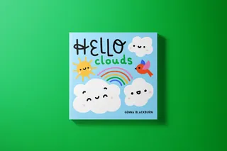 Children's book cover with smiling clouds, sun, rainbow, and red bird
