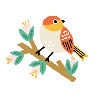 Cute cartoon bird sitting on a branch with green leaves and flowers