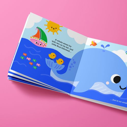 Children's book illustration of a smiling whale with fish and sun by Genna Blackburn