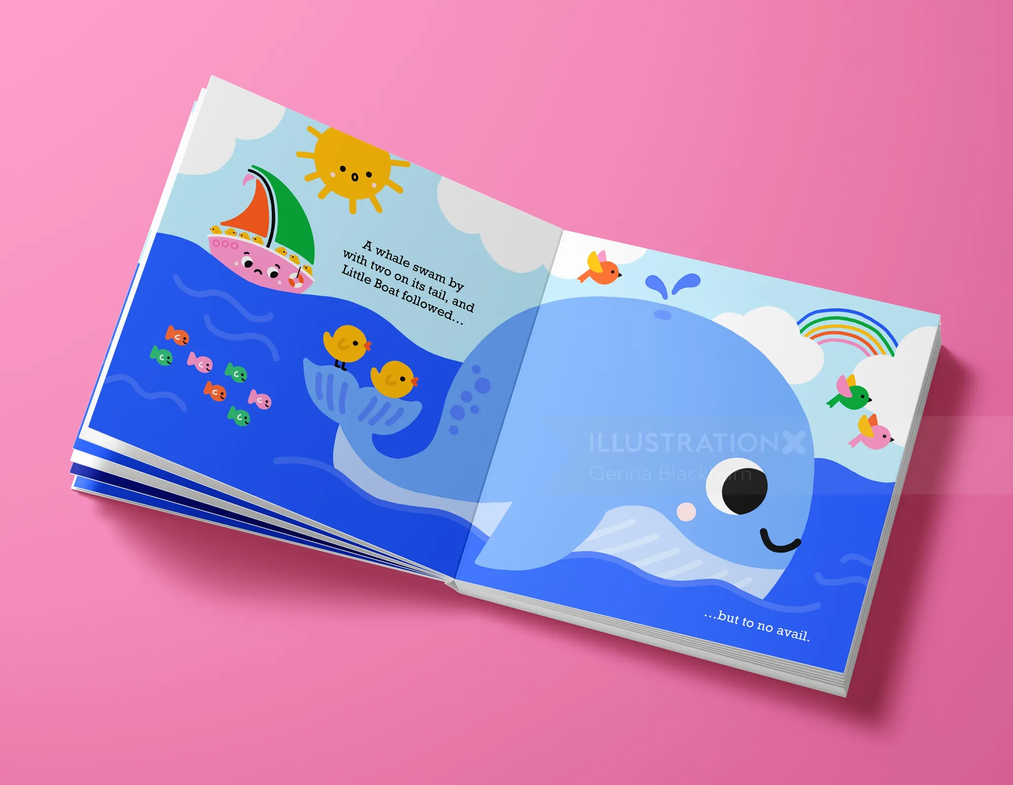 Children's book illustration of a smiling whale with fish and sun by Genna Blackburn