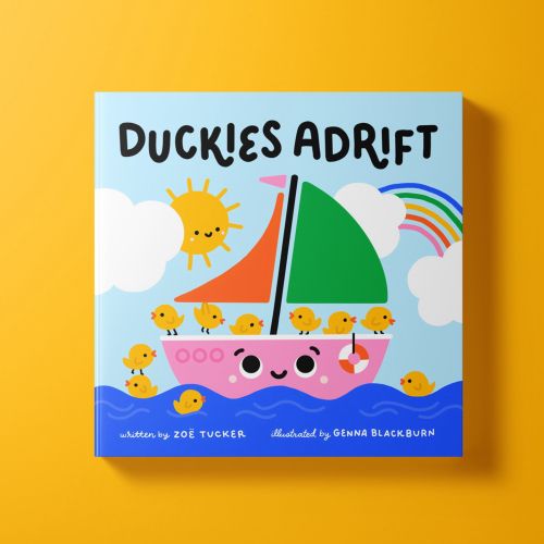 Duckies Adrift book cover with a smiling boat, ducklings, rainbow by Genna Blackburn