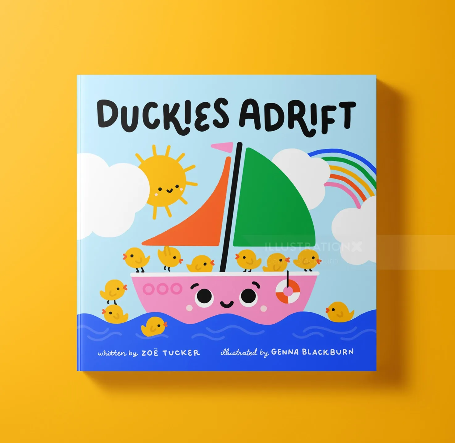 Duckies Adrift book cover with a smiling boat, ducklings, rainbow by Genna Blackburn