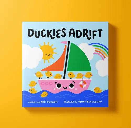 Duckies Adrift book cover with a smiling boat, ducklings, rainbow by Genna Blackburn