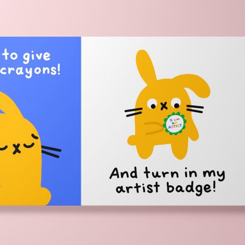Yellow bunny giving away crayons and turning in artist badge by Genna Blackburn