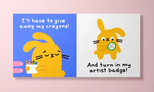 Yellow bunny giving away crayons and turning in artist badge by Genna Blackburn