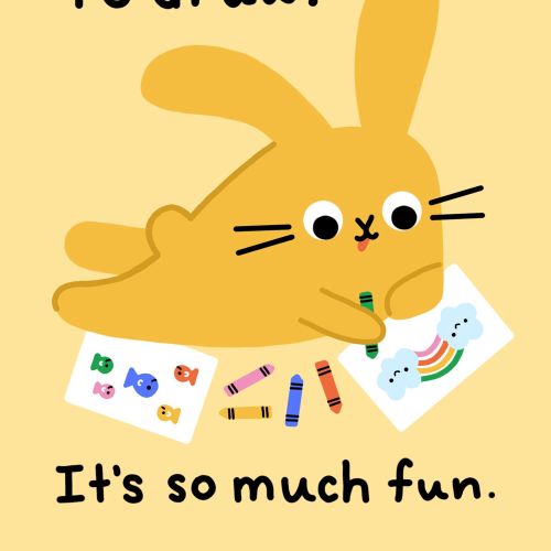 Yellow bunny drawing colorful pictures with crayons by Genna Blackburn