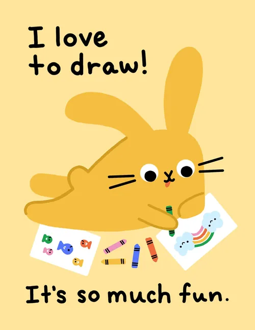 Yellow bunny drawing colorful pictures with crayons by Genna Blackburn