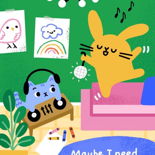 Dance party scene with cat wearing headphones and bunny dancing, by Genna Blackburn