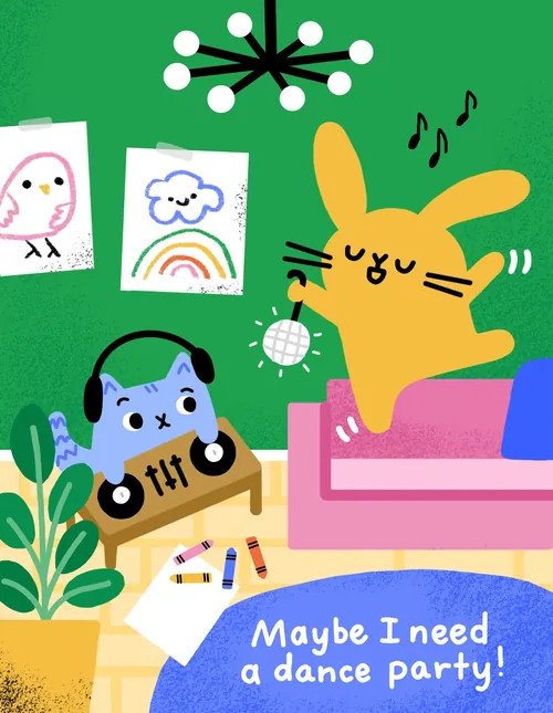 Dance party scene with cat wearing headphones and bunny dancing, by Genna Blackburn